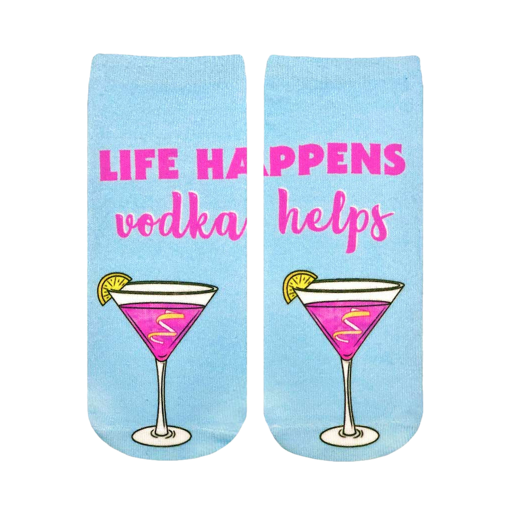 Pair of light blue ankle socks with a pink cocktail and the text "Life happens, vodka helps." [lf]