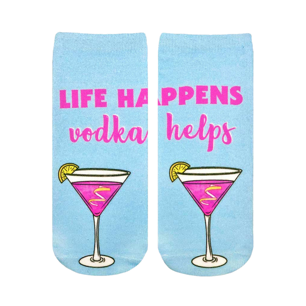 Pair of light blue ankle socks with a pink cocktail and the text "Life happens, vodka helps." [lf]