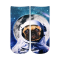 Crew socks featuring a tan pug dog wearing an astronaut suit against a dark blue space background with a large moon.