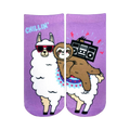 Ankle socks in purple featuring a white llama wearing sunglasses, with a brown sloth riding on its back holding a boombox.