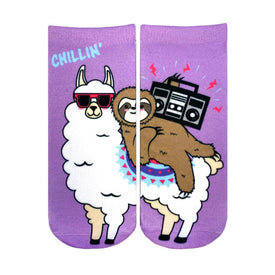 purple llama and sloth socks for women. llama wears sunglasses, carries boombox-playing sloth wearing a sombrero. ankle length.  
