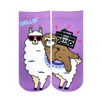 Ankle socks in purple featuring a white llama wearing sunglasses, with a brown sloth riding on its back holding a boombox.
