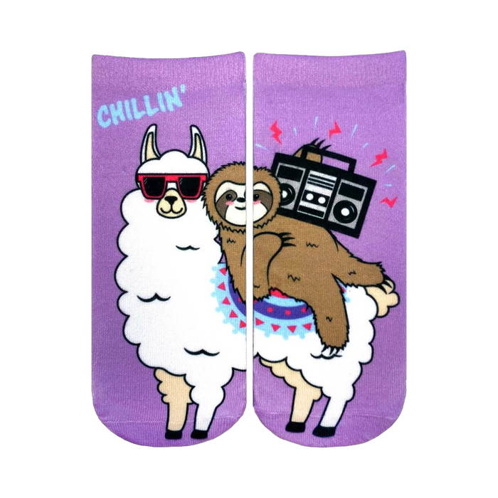 Ankle socks in purple featuring a white llama wearing sunglasses, with a brown sloth riding on its back holding a boombox. }}