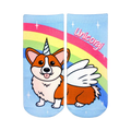 Low cut socks featuring a cute cartoon corgi with a unicorn horn and wings against a pastel rainbow on a light blue background.