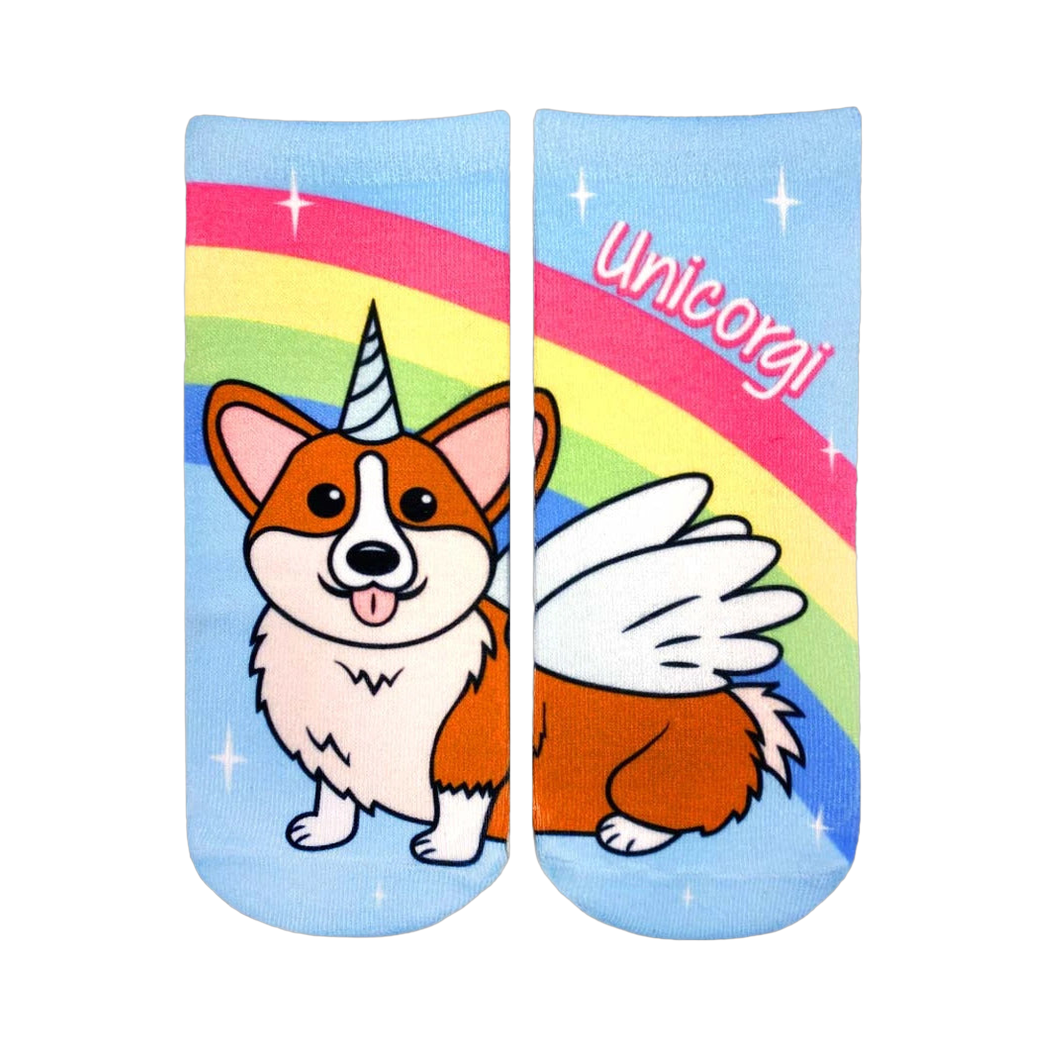 Low cut socks featuring a cute cartoon corgi with a unicorn horn and wings against a pastel rainbow on a light blue background.