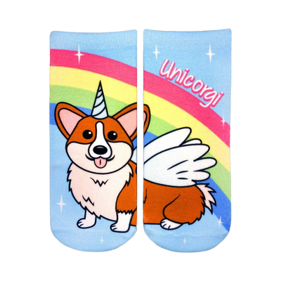 Low cut socks featuring a cute cartoon corgi with a unicorn horn and wings against a pastel rainbow on a light blue background.