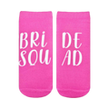 A pair of pink ankle socks with 'Bride Squad' written in white.  Perfect for bridal parties!