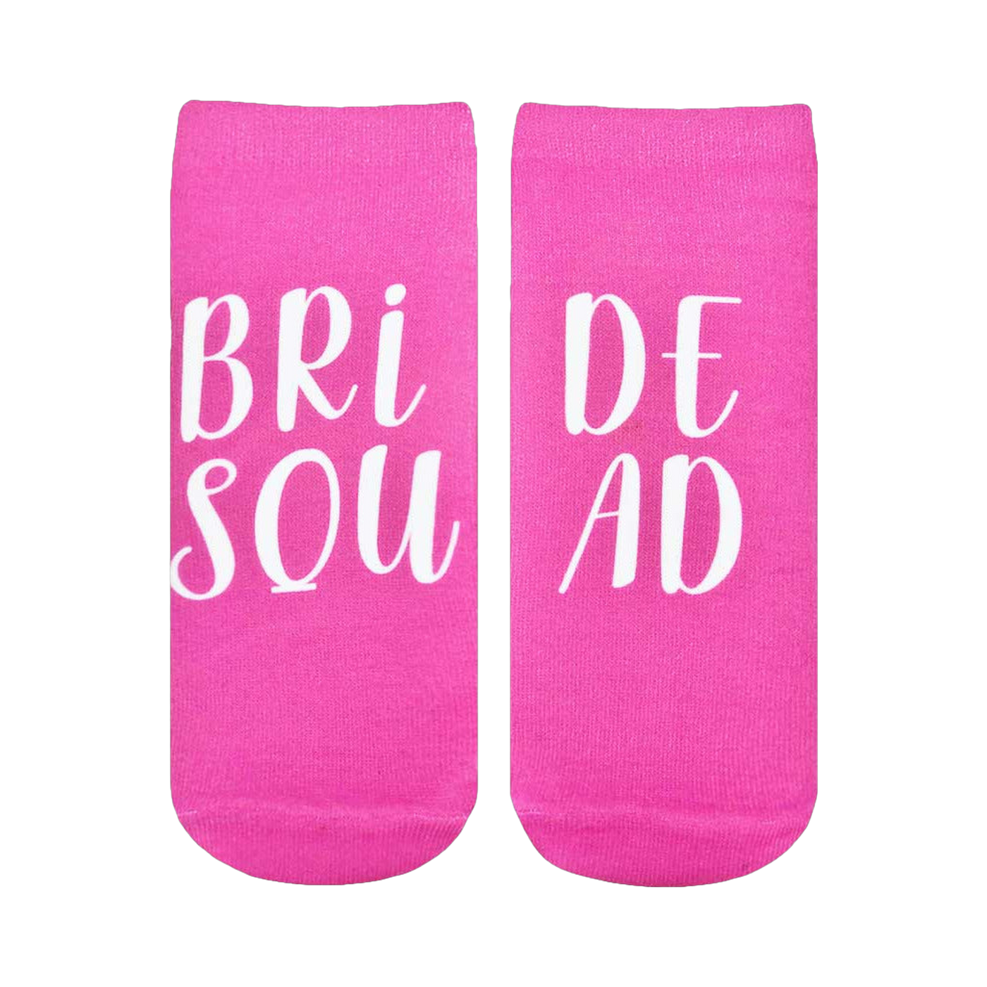 A pair of pink ankle socks with 'Bride Squad' written in white.  Perfect for bridal parties!
