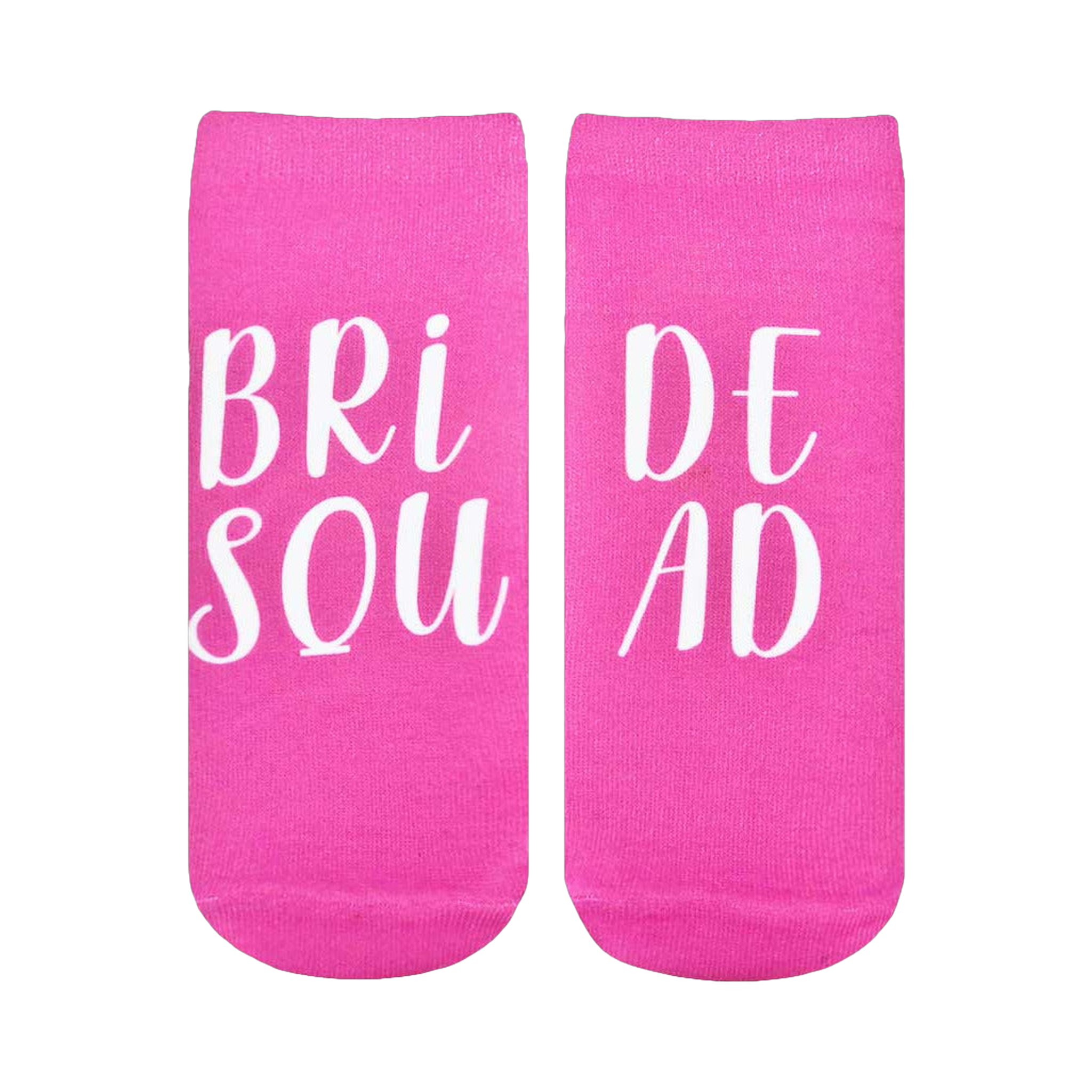 A pair of pink ankle socks with 'Bride Squad' written in white.  Perfect for bridal parties!