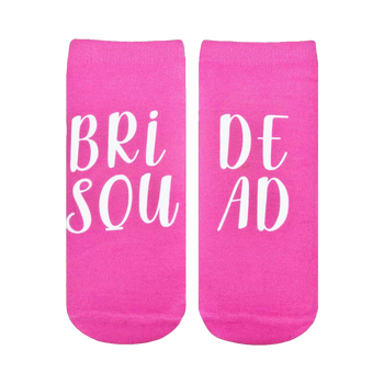 A pair of pink ankle socks with 'Bride Squad' written in white.  Perfect for bridal parties!