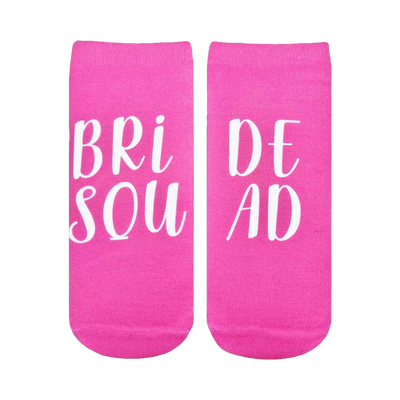 A pair of pink ankle socks with 'Bride Squad' written in white.  Perfect for bridal parties!
