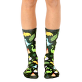 Crew socks in dark green with colorful dinosaurs, volcano, and foliage illustrations. [lf]