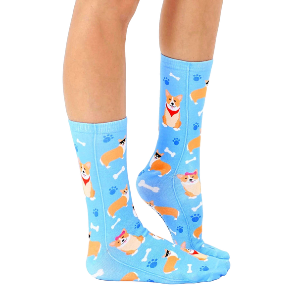 Lifestyle shot of a person wearing the corgi socks, showcasing how they look when worn. [lf]