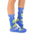 Lifestyle shot of a person wearing the Blue Comic socks, showcasing how they look when worn. [lf]