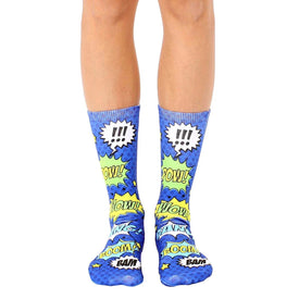 blue crew socks with comic book theme | pow! bam! boom! | superhero socks   