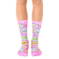 Crew socks in pink with a comic book design featuring speech bubbles and sound effects like 'POW!' and 'OMG!' [lf]