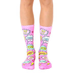 Crew socks in pink with a comic book design featuring speech bubbles and sound effects like 'POW!' and 'OMG!' [lf]