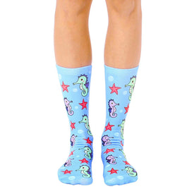 cartoon seahorse and starfish pattern socks made for women with a crew length.  
