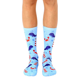 blue lighthouse whale patterned crew socks for men and women.  