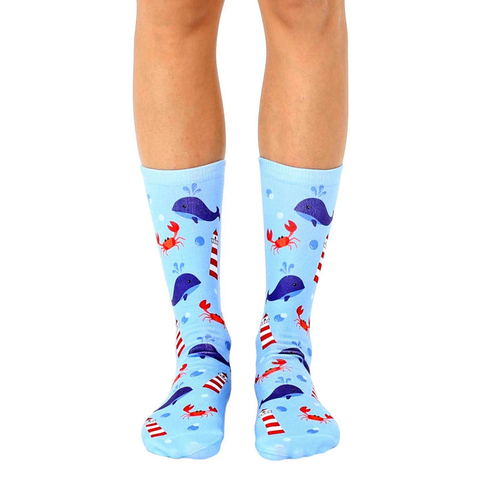 blue lighthouse whale patterned crew socks for men and women.  