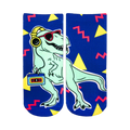 An image of a pair of blue ankle socks with a cool, teal T-Rex wearing headphones and sunglasses, holding a cassette player. The socks have a 90s-inspired geometric pattern.