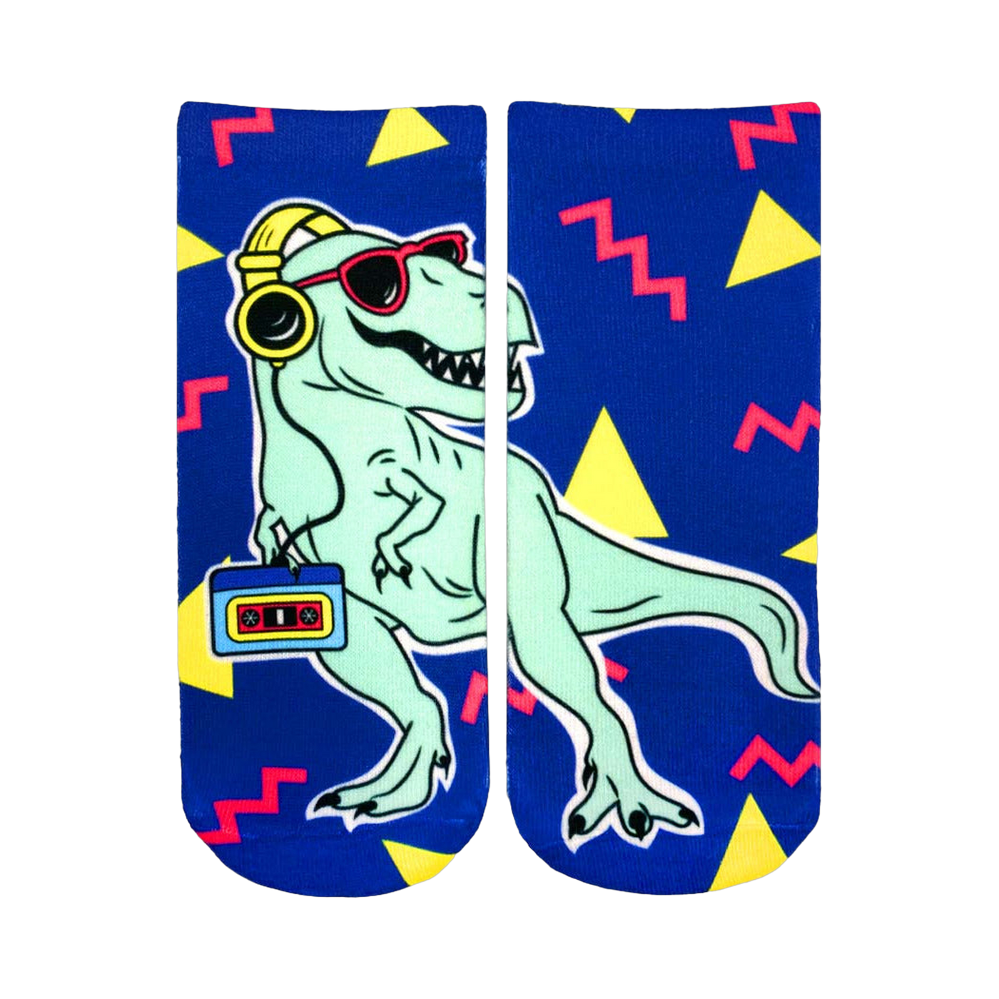 An image of a pair of blue ankle socks with a cool, teal T-Rex wearing headphones and sunglasses, holding a cassette player. The socks have a 90s-inspired geometric pattern.