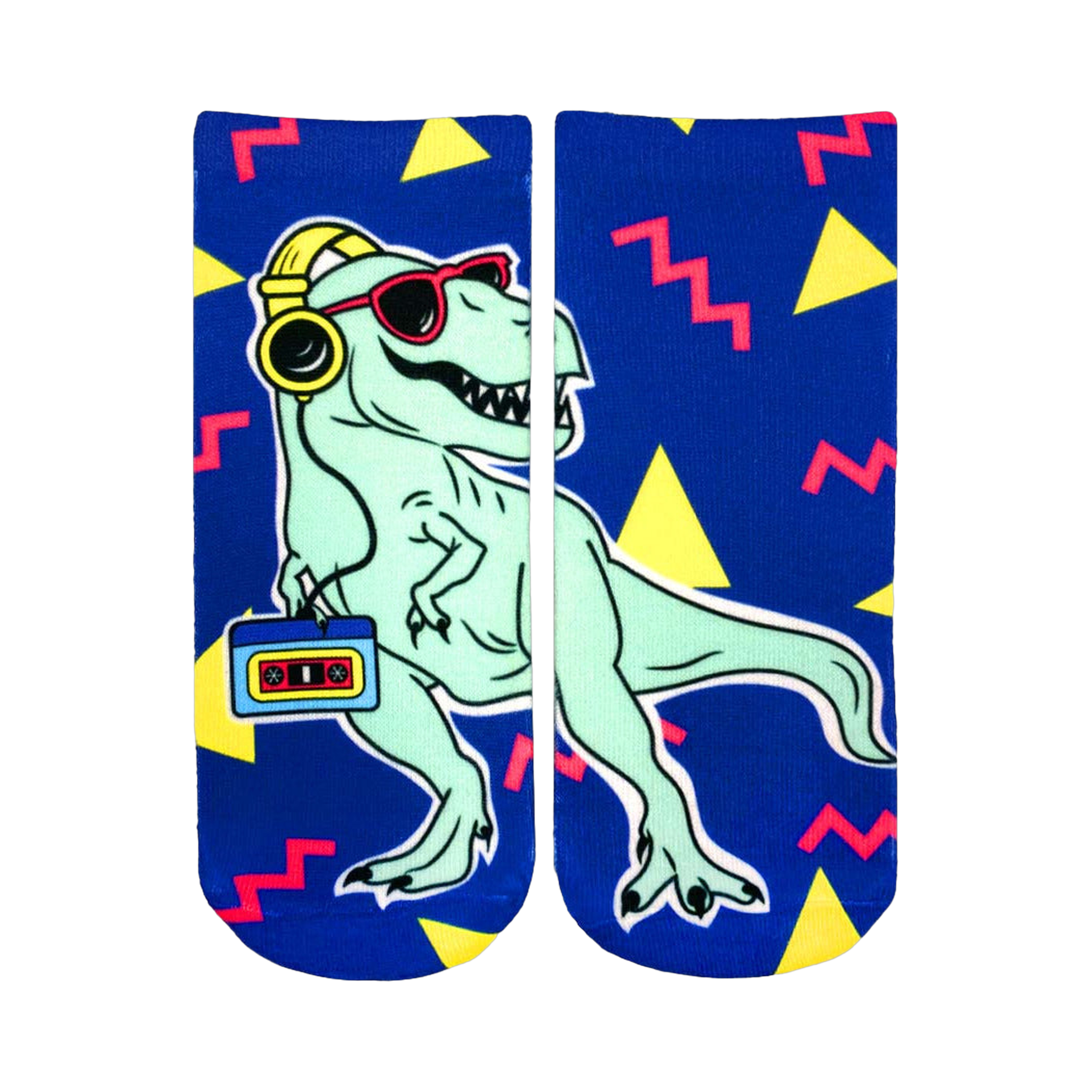 An image of a pair of blue ankle socks with a cool, teal T-Rex wearing headphones and sunglasses, holding a cassette player. The socks have a 90s-inspired geometric pattern.