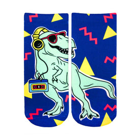 blue ankle socks with a dinosaur wearing sunglasses, headphones, and a cassette player.  