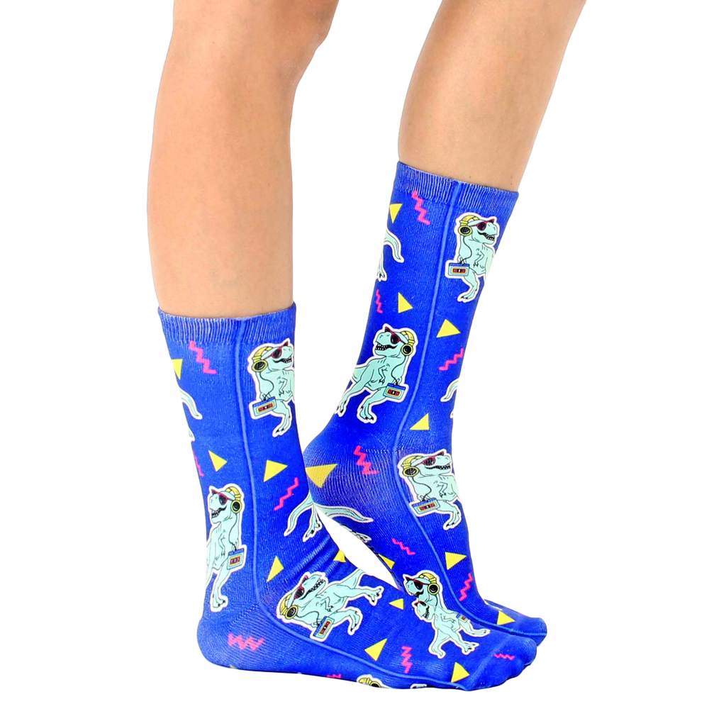 Lifestyle shot showing the Partysaurus socks on a person's feet, from the side [lf]