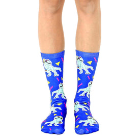 blue crew socks with a cartoon dinosaur wearing sunglasses and listening to a boombox pattern. for men and women who love dinosaurs.  