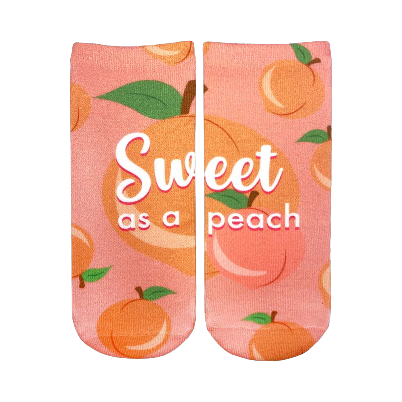 Pair of pink ankle socks with a peach pattern.  The socks say 'Sweet as a peach' in white script. Peaches are illustrated with green leaves.