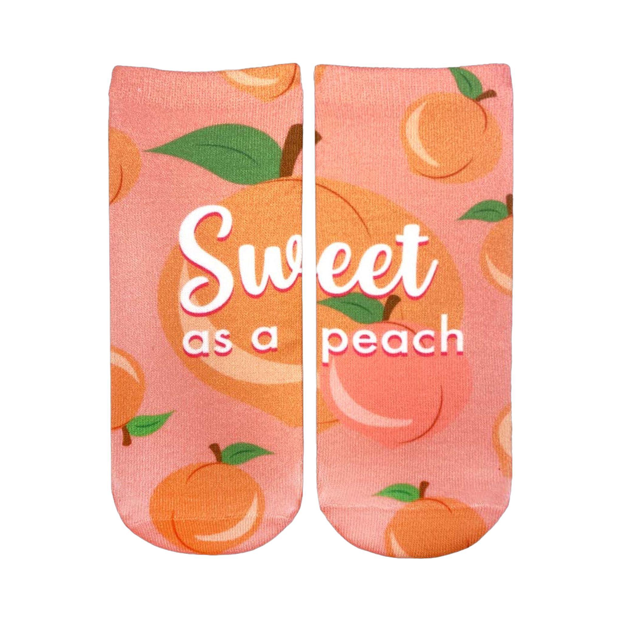 Pair of pink ankle socks with a peach pattern.  The socks say 'Sweet as a peach' in white script. Peaches are illustrated with green leaves.