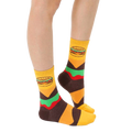 Close-up of 'Burger And Slider Me And Mini' adult socks.  Shows the burger design and striped pattern. [lf]
