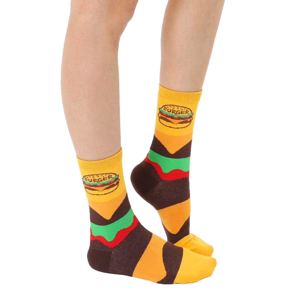 Close-up of 'Burger And Slider Me And Mini' adult socks.  Shows the burger design and striped pattern. [lf]
