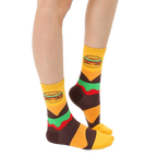 Close-up of 'Burger And Slider Me And Mini' adult socks.  Shows the burger design and striped pattern. [lf]