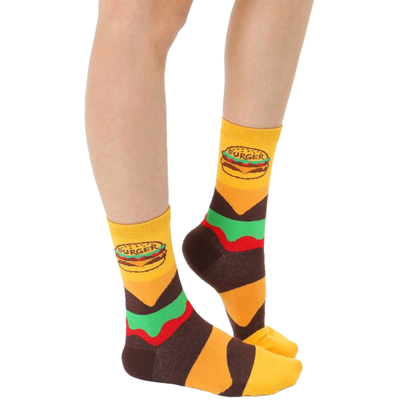Close-up of 'Burger And Slider Me And Mini' adult socks.  Shows the burger design and striped pattern. [lf]