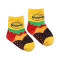 Flat lay of the baby/toddler 'Burger And Slider Me And Mini' socks. Shows grippers on the soles.