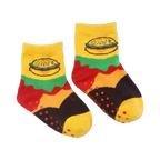 Flat lay of the baby/toddler 'Burger And Slider Me And Mini' socks. Shows grippers on the soles.