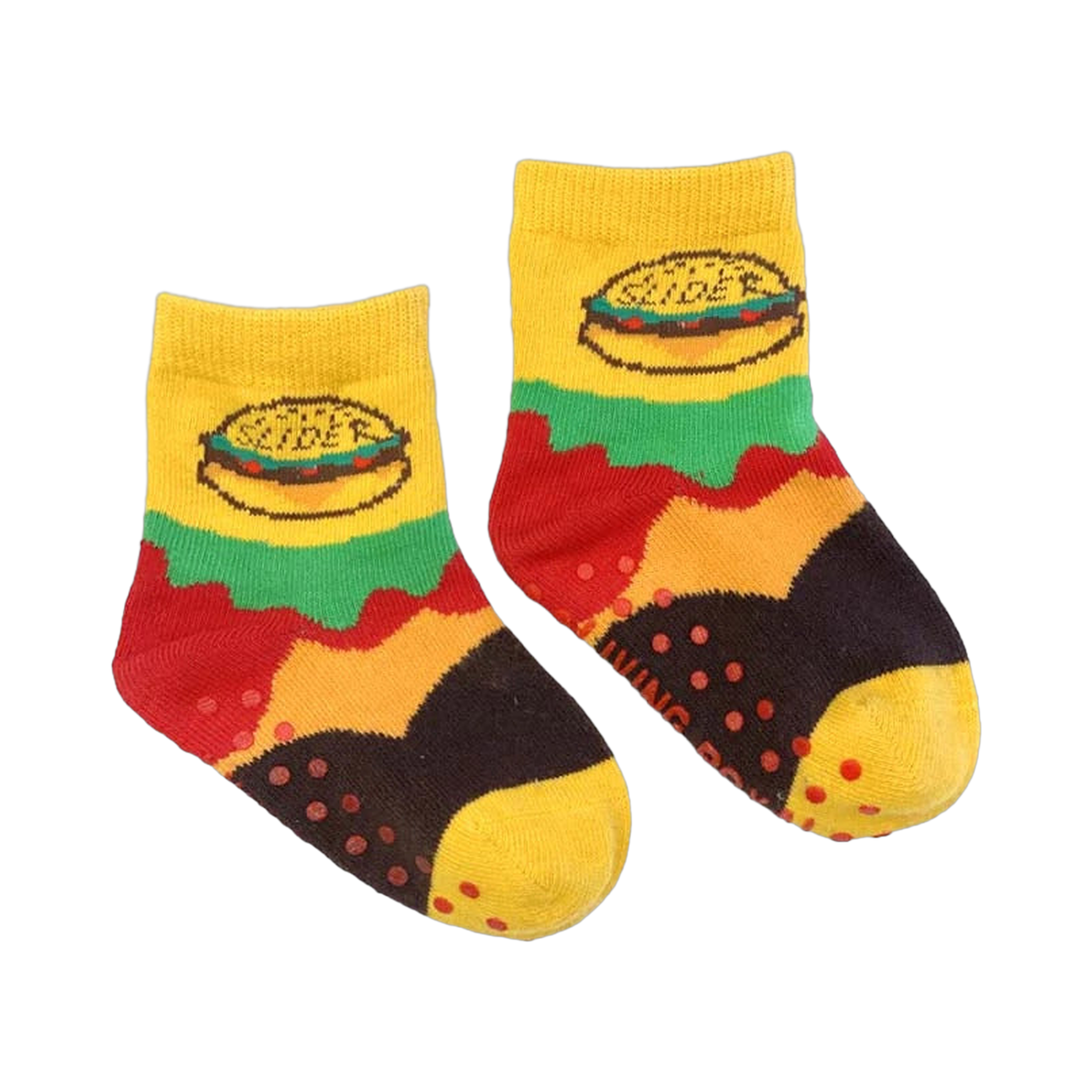 Flat lay of the baby/toddler 'Burger And Slider Me And Mini' socks. Shows grippers on the soles.