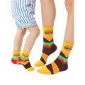 Adult and child crew socks in yellow, brown, and green.  Burger graphics and stripes decorate these fun, matching food socks. [lf]