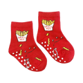 Flat lay of a pair of red 'Small Fry' baby socks with grippers.