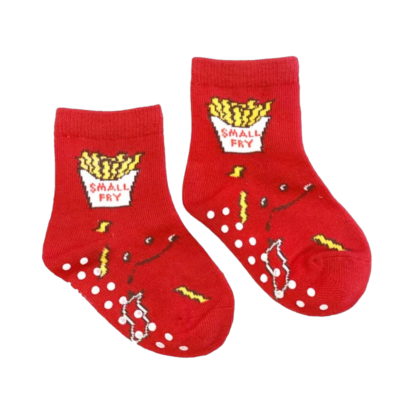 Flat lay of a pair of red 'Small Fry' baby socks with grippers.