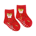 Flat lay of a pair of red 'Small Fry' baby socks with grippers.