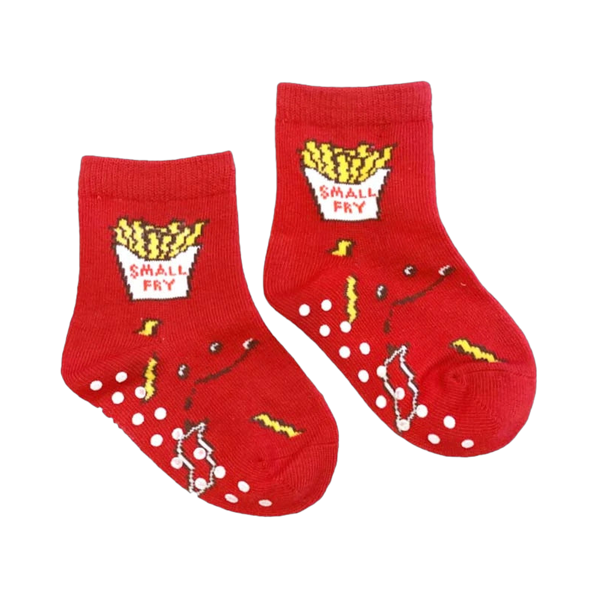 Flat lay of a pair of red 'Small Fry' baby socks with grippers.