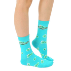 Close-up of adult Edamommy socks showcasing the peapod design and text. [lf]