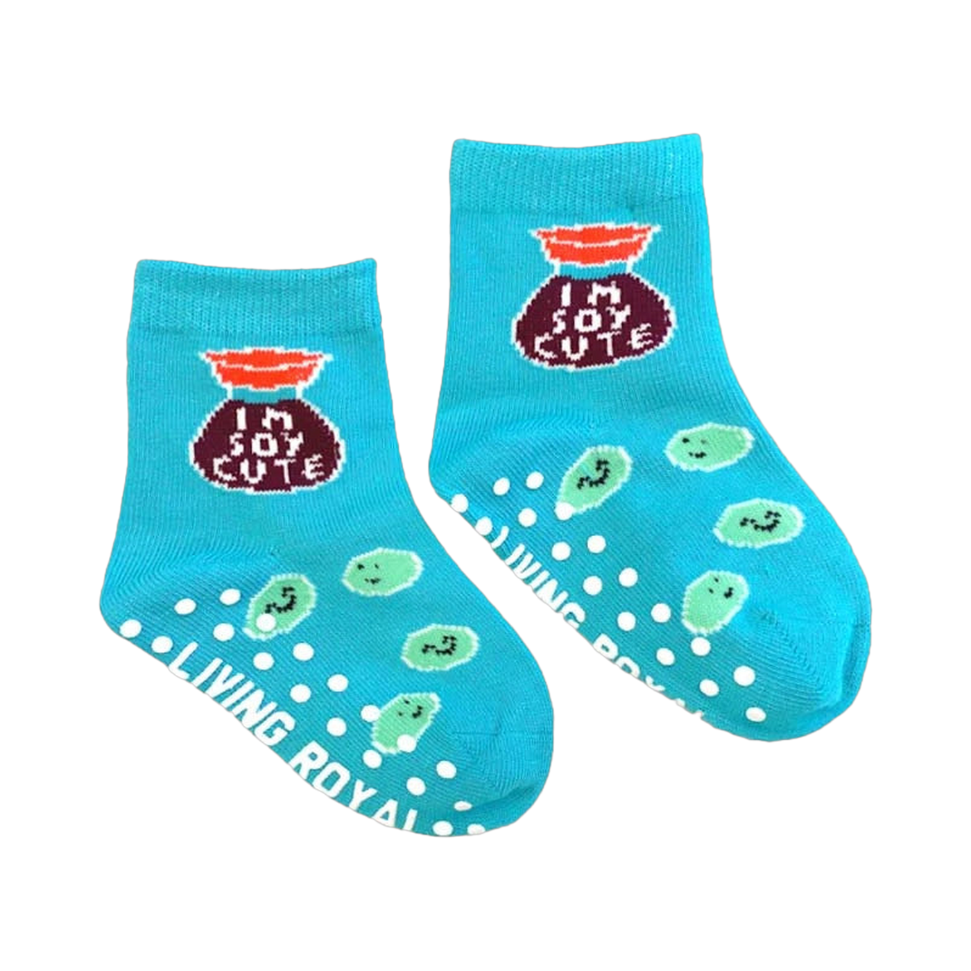 Pair of baby Edamommy socks with grippers on the bottom; features a soy sauce bag design.