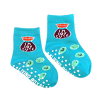 Pair of baby Edamommy socks with grippers on the bottom; features a soy sauce bag design.