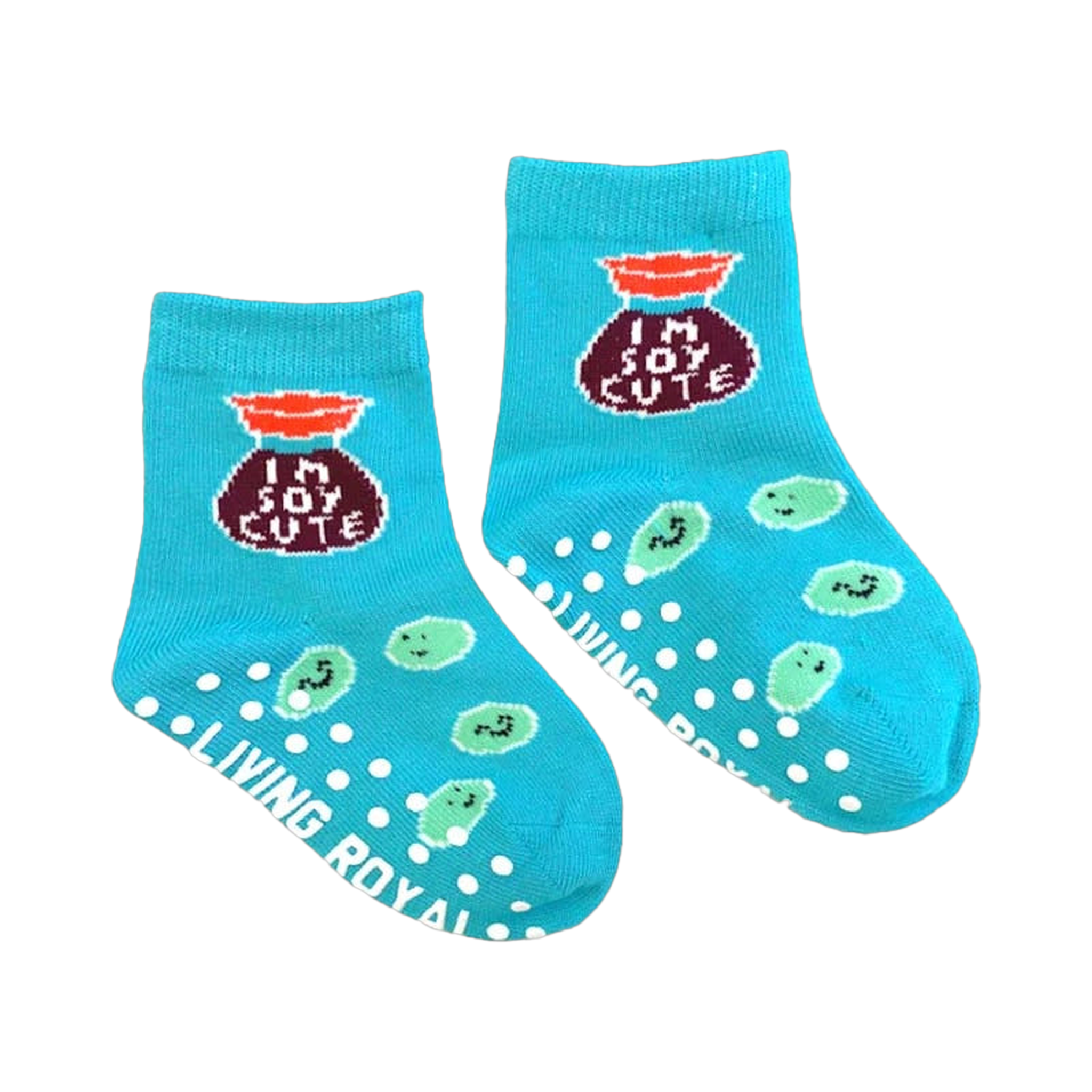 Pair of baby Edamommy socks with grippers on the bottom; features a soy sauce bag design.