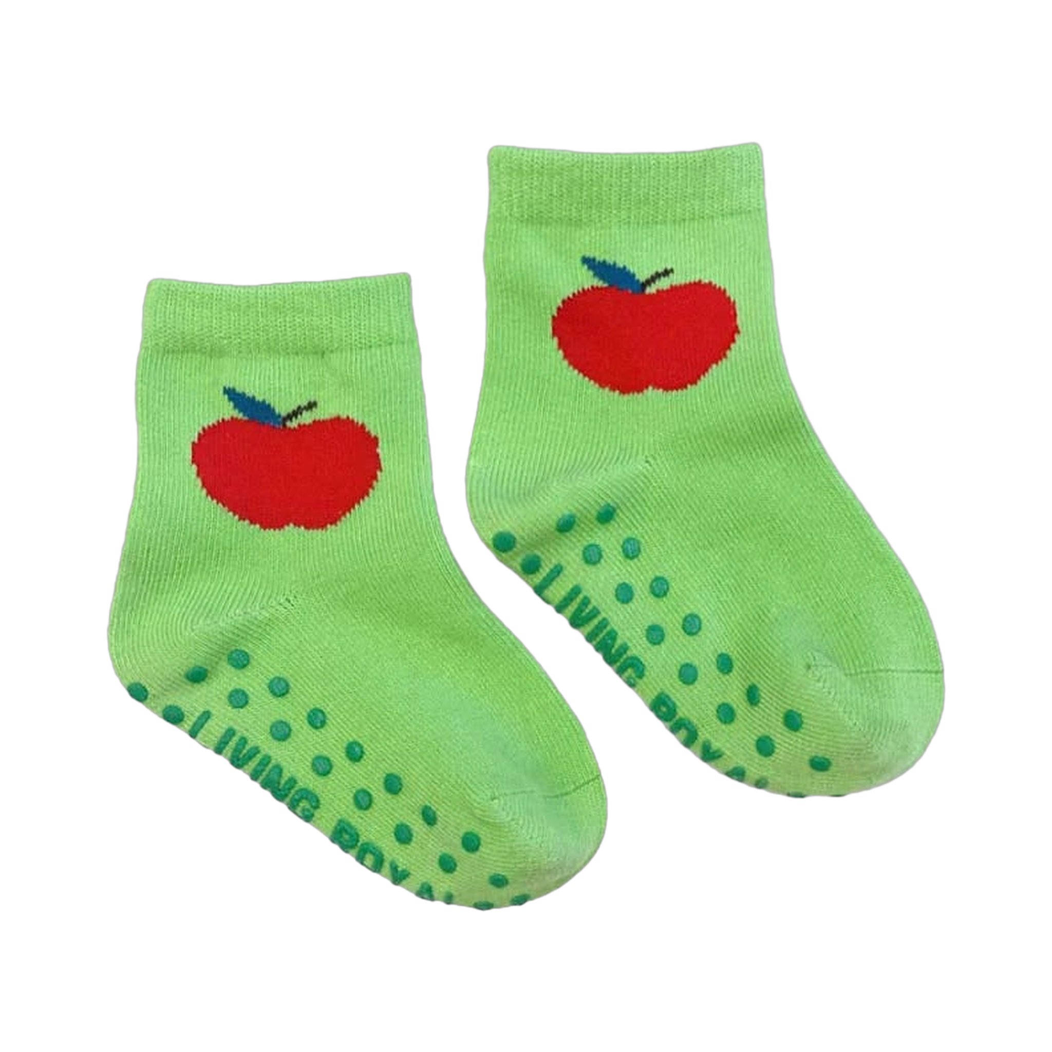 Close-up of a pair of lime green baby socks with a red apple and non-slip grips.