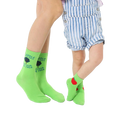 Adult and child lime green crew socks. Adult socks feature 'The apple doesn't fall far from the tree' text and a small tree graphic. Child socks have a red apple graphic. [lf]